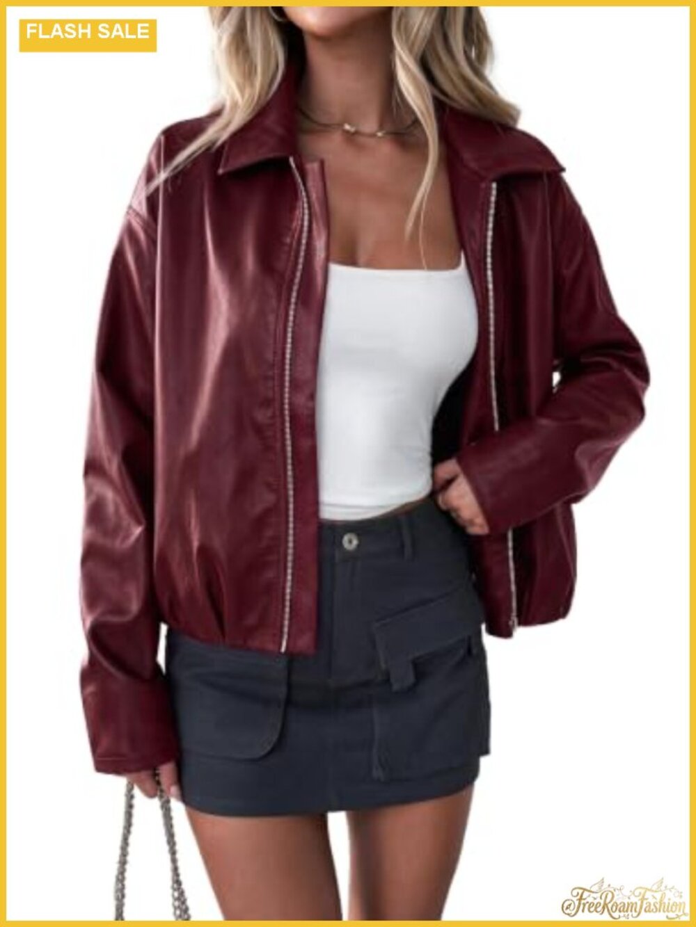 Faux Leather Motorcycle Cropped Jacket Zip Up Collared Fall Coat